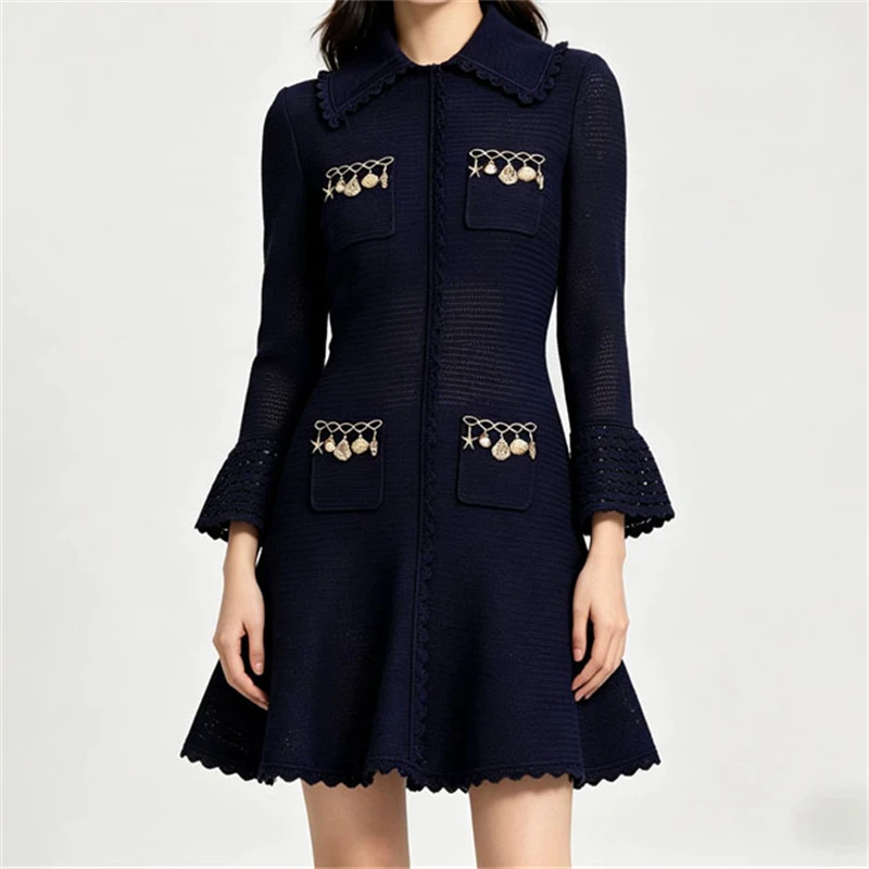 

Y2K Autumn New Style Lapel Metal Pendant Decorated Crochet Hollow-Out Flared Sleeve Dress Women's FashionableCommuter Knit Dress