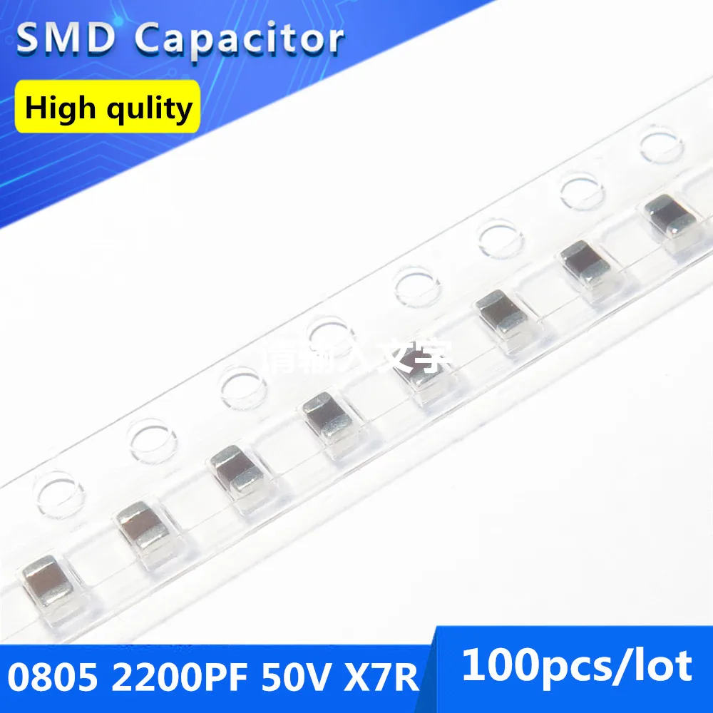 100pcs SMD Thick Film Chip Multilayer Ceramic Capacitor 0805 2.2NF 2200PF 50V X7R 10%