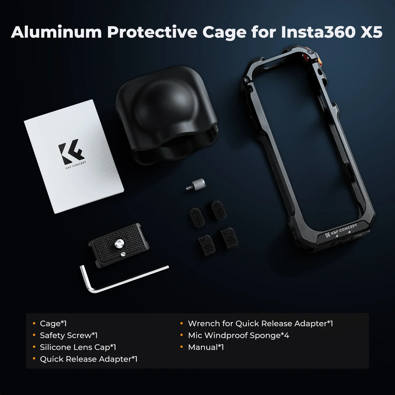 K&F CONCEPT Aluminiowa klatka do kamery dla Insta360 X5 Obudowa z pokrętłem szybkiego montażu zimnymi butami gwintem 1/4" i sili — zdjęcie produktu 6