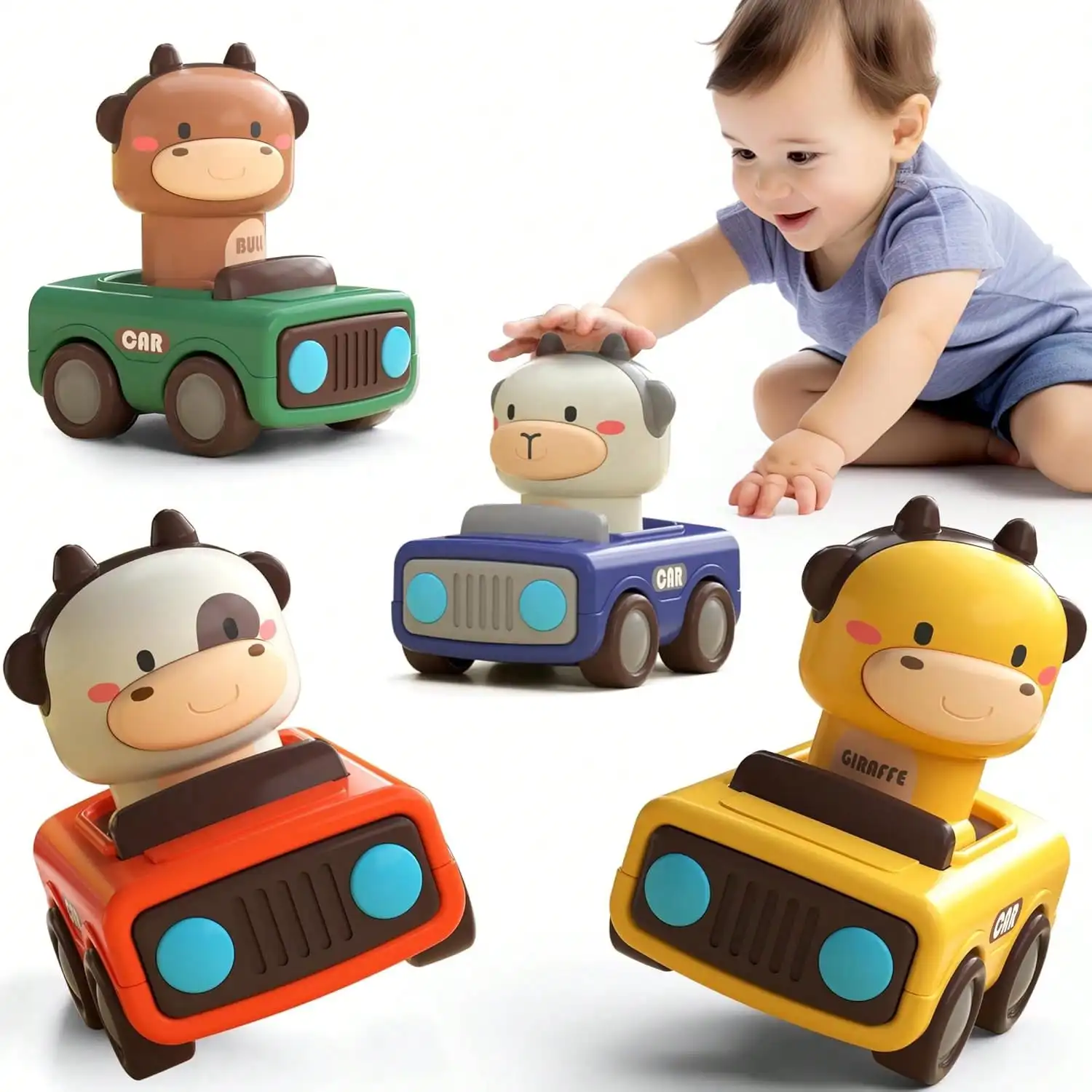 Toddler Press To Go Animal Car Toy Set, Friction Powered Push‑Go Racing Vehicles for Baby 18+ Months, Safe Infant Play Car Toys, Early Developmental Plaything, Ideal Birthday Gift for 1‑3 Year Old Boys Girls