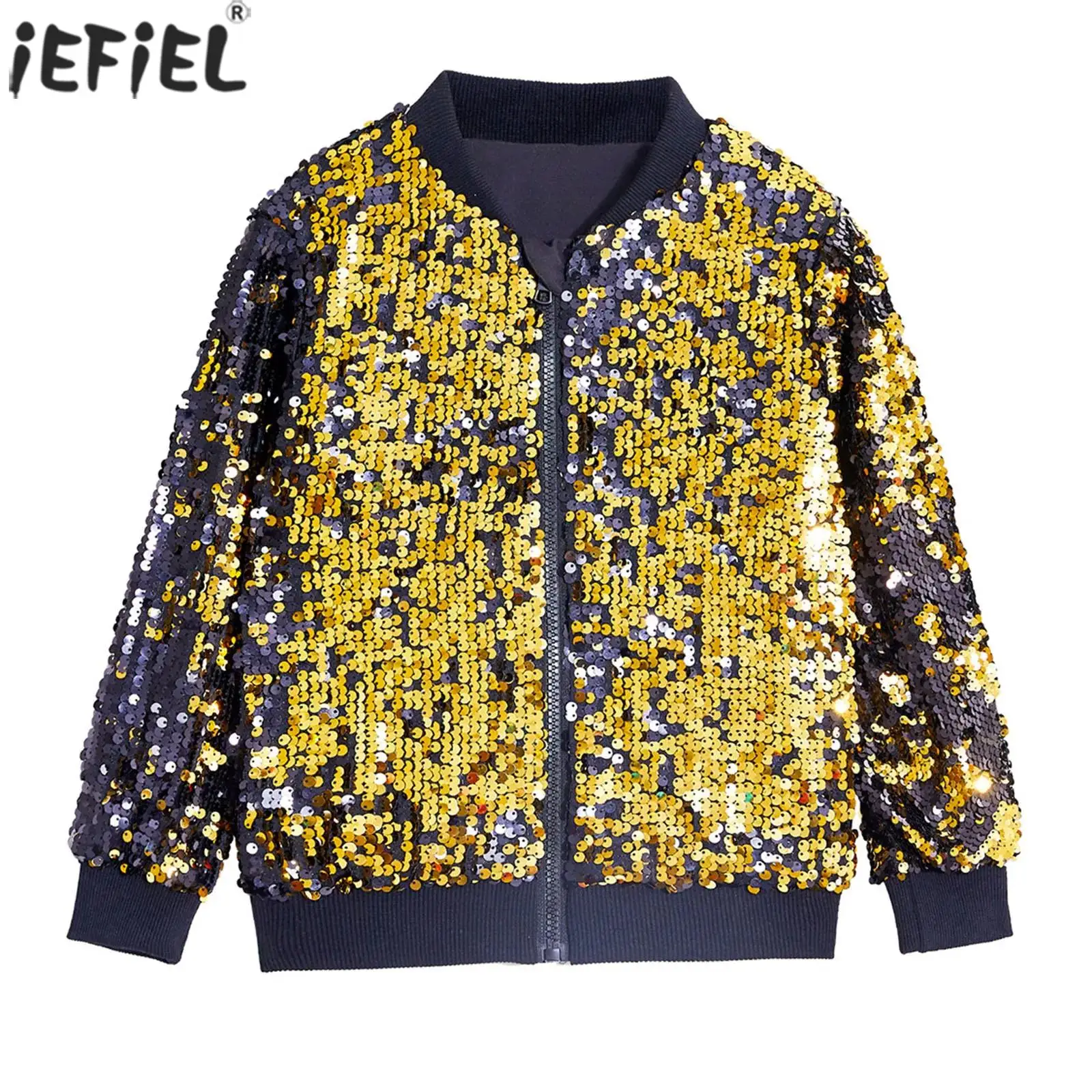 

Kids Sequins Jacket Long Sleeves Zipper Gradient Bomber Coat Glittery Outerwear for Jazz Hip Hop Dance Party Stage Performance