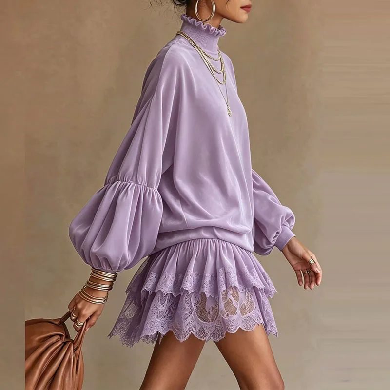 Women Solid Ruffle High Neck Tunic Mini Dress Long Puff Sleeve Loose Lace Hem Dress Casual Elegant Fall Daily Prom Short Dresses
