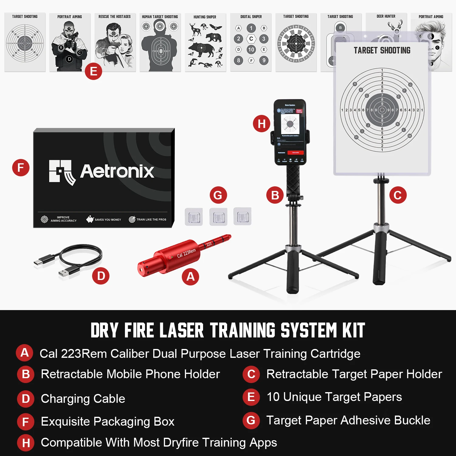 NONE Professioneller elektronischer Zielhalter mit Handy-Ständer, Zielpapierset für das spezielle Trockenfeuer-Zieltraining 9