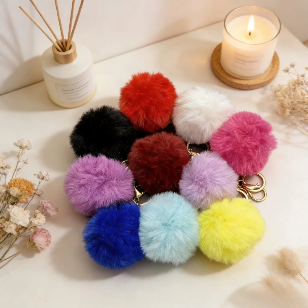 

8CM Fluffy Rabbit Fur Key Ring Candy Black Colorful Keychain Ball Pendant For Women Car Keyring Bag Ornament Accessory Gift
