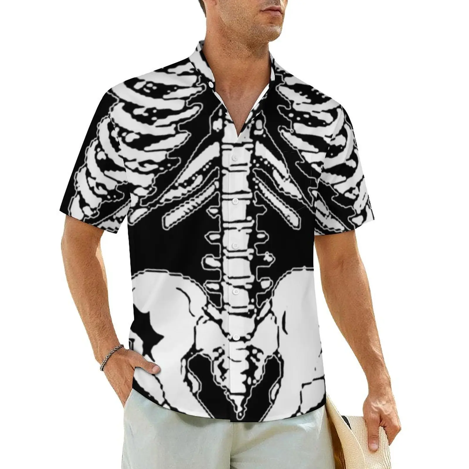 

Hawaiian Shirt Vacation Halloween Skeleton Blouses Pelvis Print Classic Casual Shirts Men Short Sleeve Street Oversized Clothes