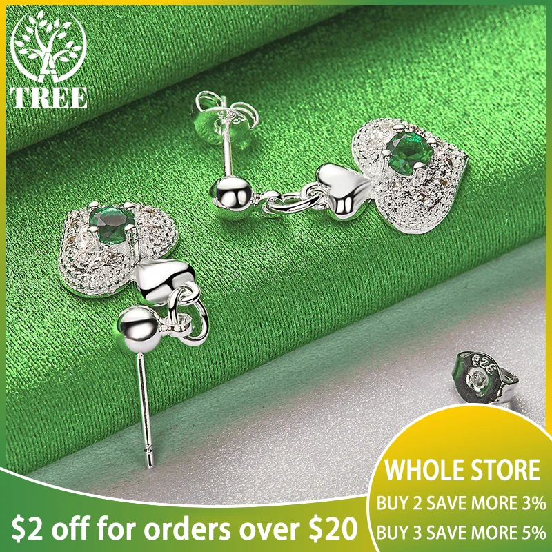 ALITREE 925 Sterling Silver Green Zircon Crystal Heart Stud Earrings For Women Earring Lady Fashion Party Wedding Jewelry Gifts