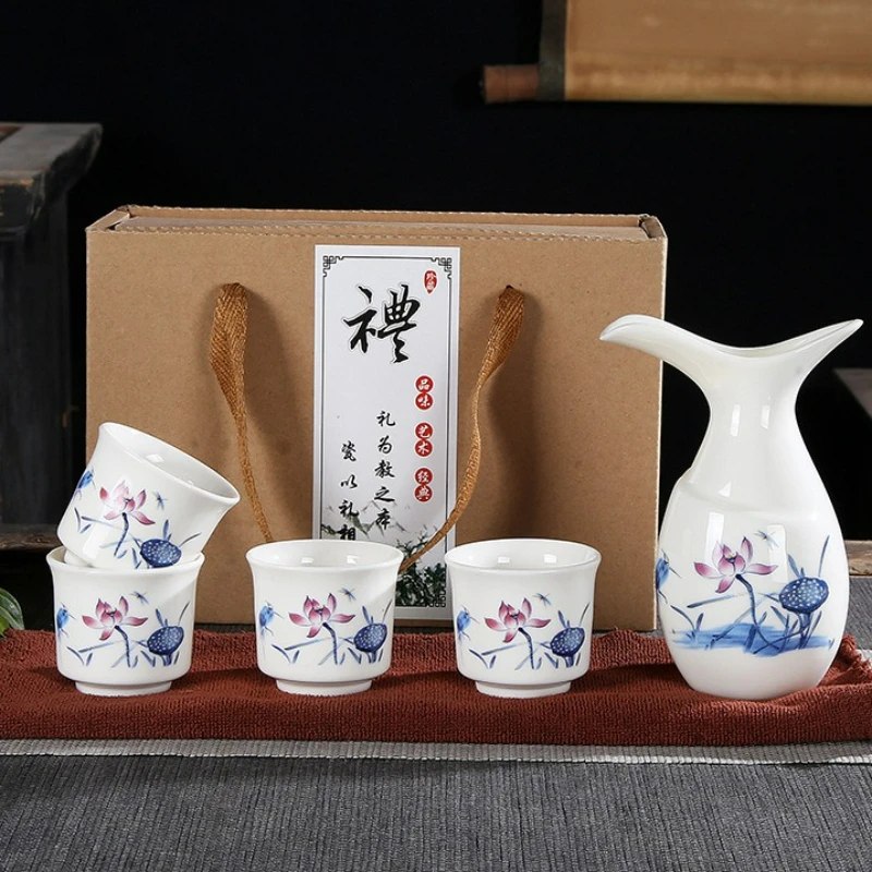 

Vintage Japanese Ceramic Sake Set 1 Bottle 4 Cups Household Traditional Ceramic Cups Crafts Wine Glasses Drinking Gift Box New