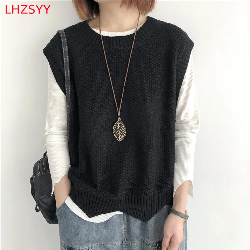 LHZSYY 2024 New 100% Cotton Vest Ladies Autumn/Winter Outer -Tops O-Neck Sleeveless Large Sweater Cotton Thread Loose Knit Vest