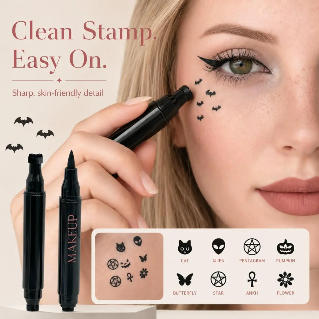 Halloween Dual-Ended Stamp Eyeliner Waterproof Black Liquid Eyeliner Pen with Bat Face Tattoo Stamp, Long Lasting Smudge-Proof view 3