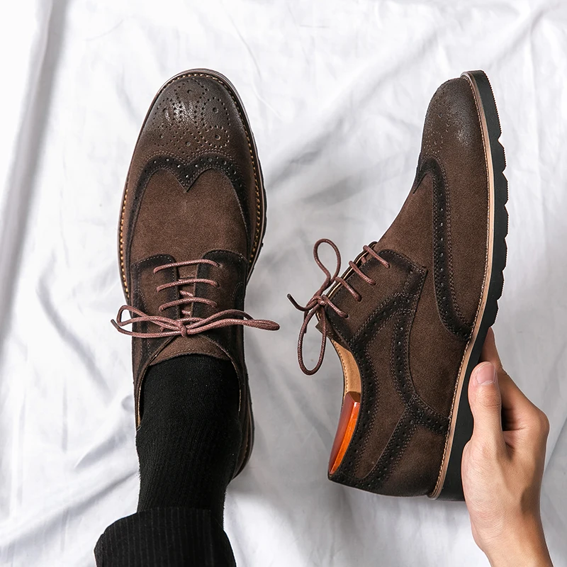 New Men Dress Shoes Brogue Shoes Flock Round Toe Lace-up Office & Career Men Shoes  Size 38-46