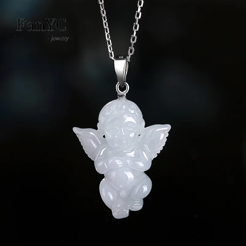 

Myanmar A-goods Jadeite Angel Baby Pendant S925 Silver Buckle Silver Chain Hand-carved Exquisite Ice Jade Necklace Ladies Gift