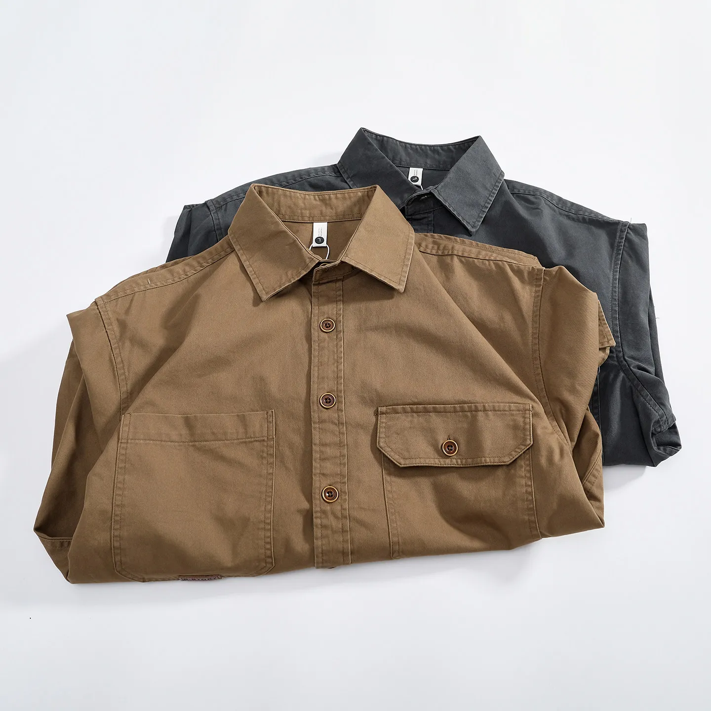 Heavy cotton men's work shirt long-sleeved lapel pocket retro textured top commuting durable versatile jacket