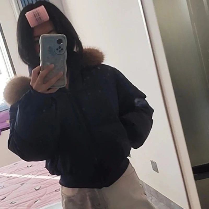 

Y2K американская ретро темно-синяя плюшевая короткая хлопковая куртка с капюшоном для женщин, зима 2025, новая свободная толстая хлопковая куртка, модная