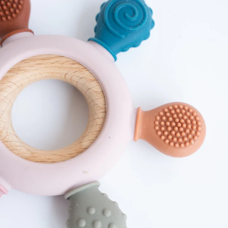 1pc Baby Food Grade Silicone Teether Rudder Shape Wooden Ring Teething Toys BPA Free Infant Chewing Nursing Toy Newborn Gifts