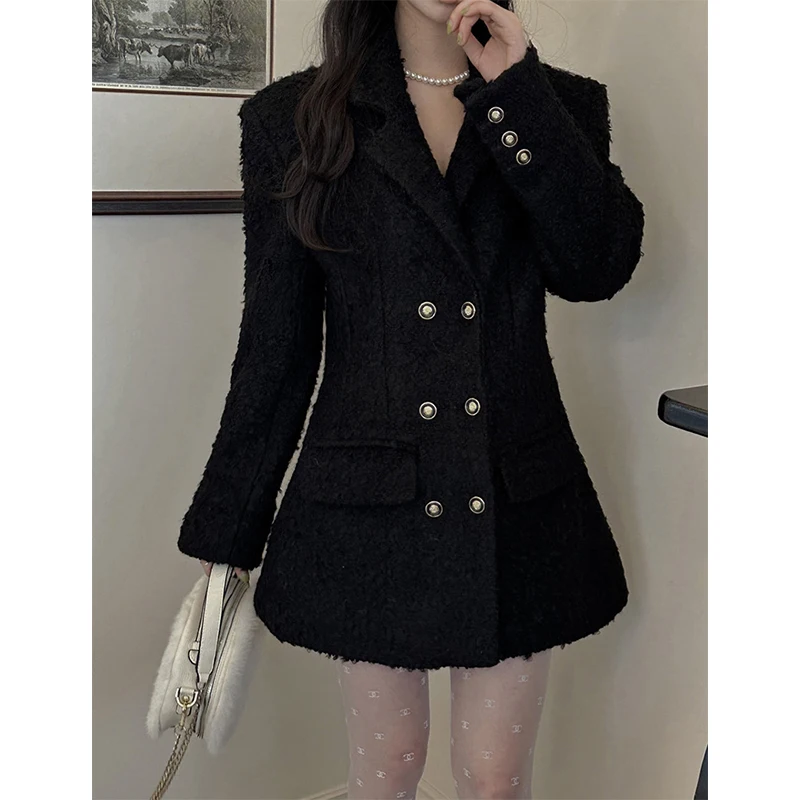 MEXZT Elegant Pink Wool Blends Coats Women Double Breasted Black Woolen Jackets Korean Long Sleeve Outerwear Winter Overcoat New