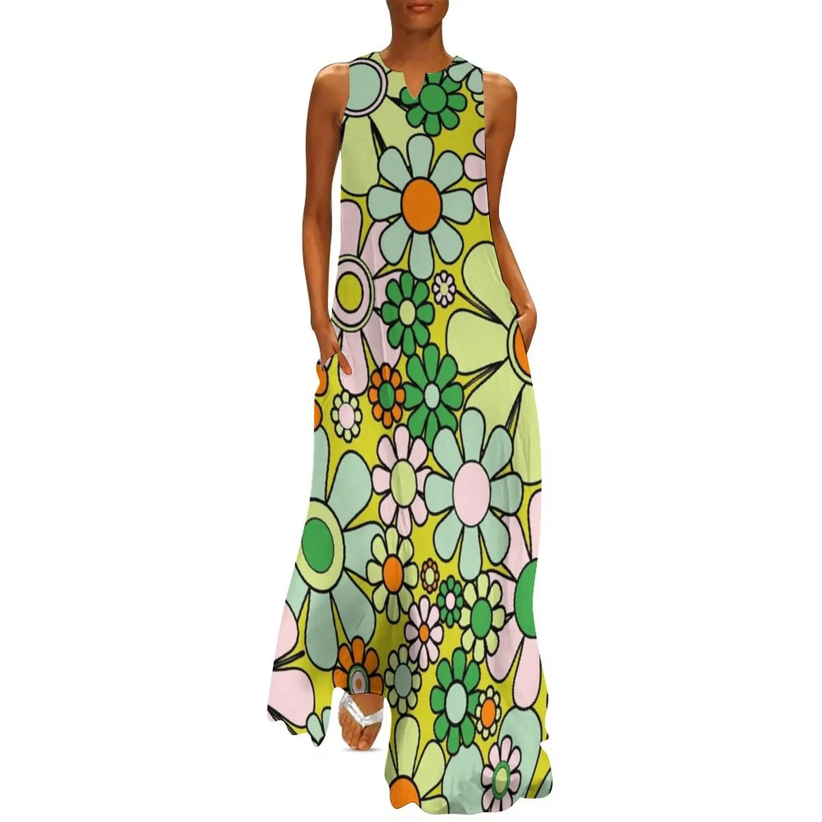 

Retro Garden Flowers Groovy 60s 70s Spring Pastel Floral Pattern Lime Green Orange Pink Black Long Dress