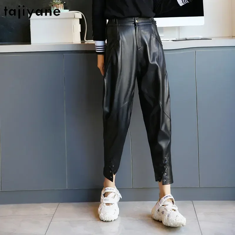 

Tajiyane Genuine Leather Pants for Women 2023 Sheepskin Harem Pants Women Elastic Waist Pants Trousers Women Korean Streetwear