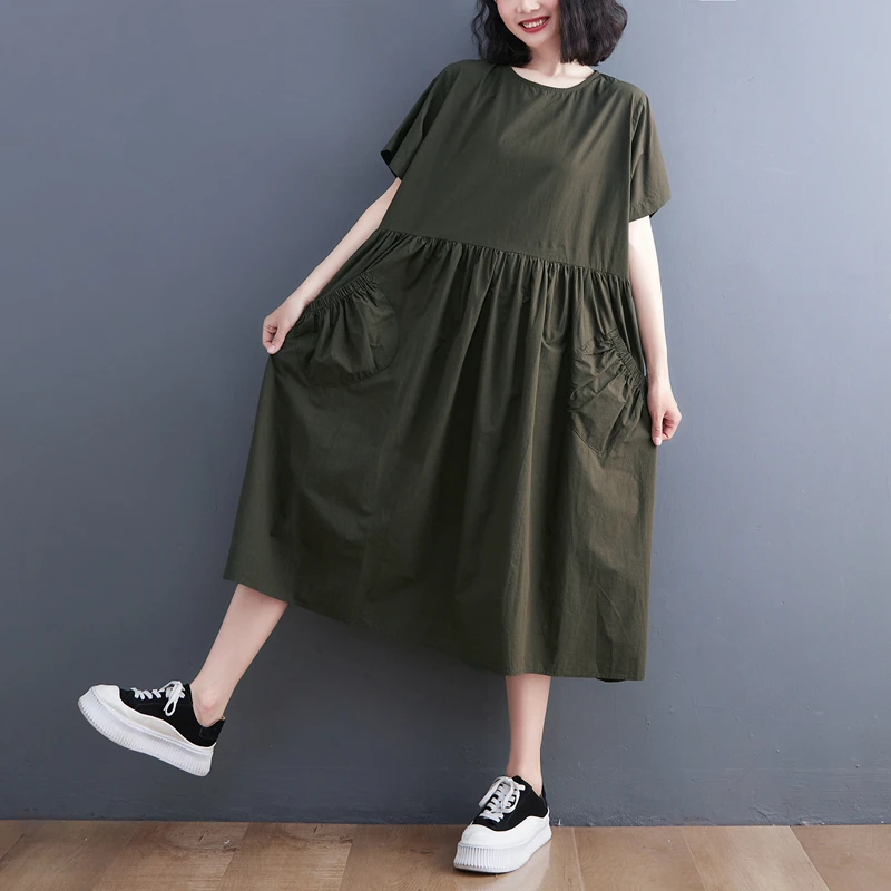 Originale estivo da donna artistico retrò Sle giapponese sciolto casual colore puro Dr Tu Ins abbinato tutto cotone Maxi Dr