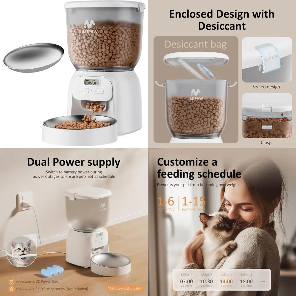 

4L Programmable Automatic Cat Feeder: Timed, Precise Dispenser for 1-6 Meals - Easy Clean, Dual Power, Desiccant Bag Included fo