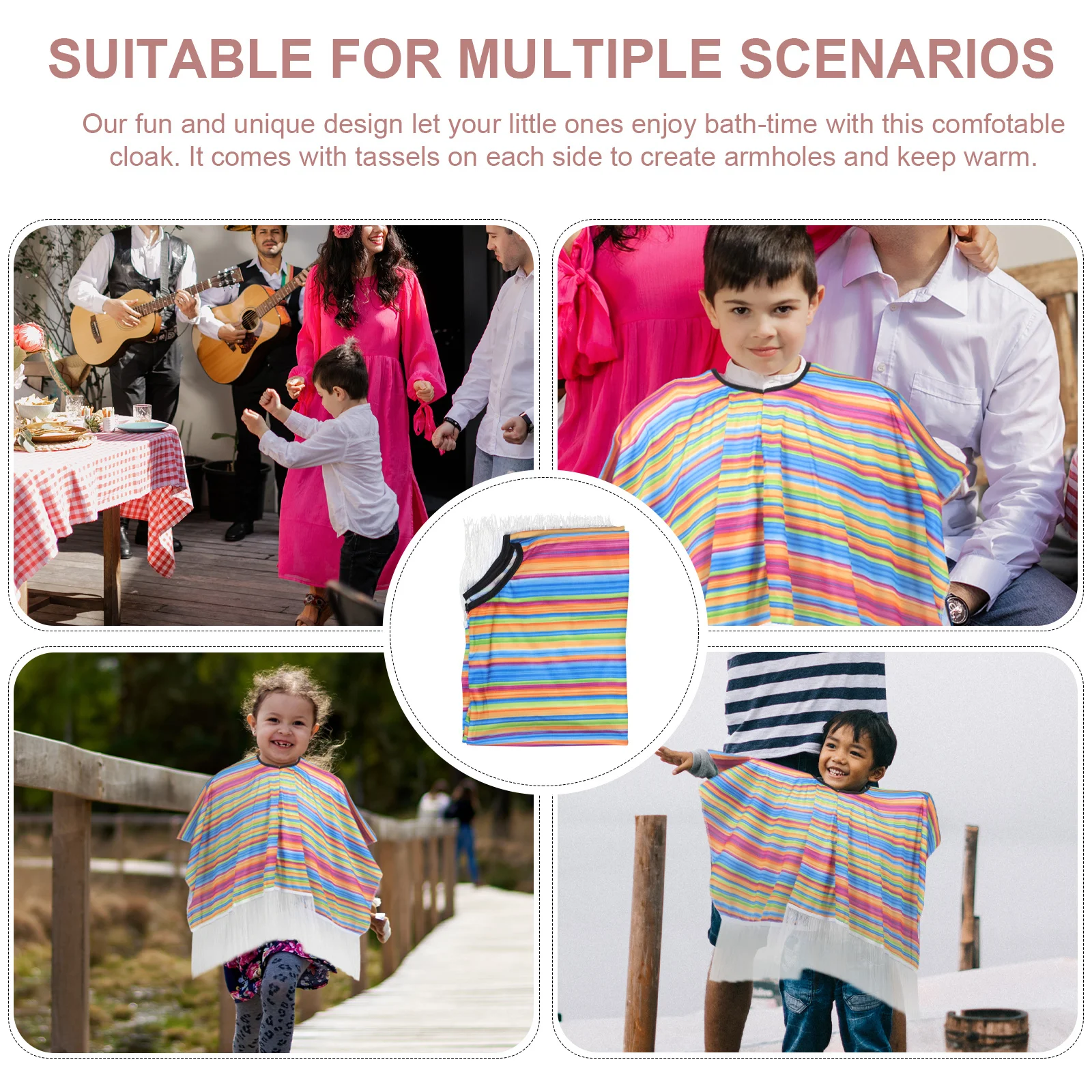 

Children's Rainbow Stripe Cloak Soft Bathrobe for Summer Autumn Hot Spring Use Machine Washable Tassels Design
