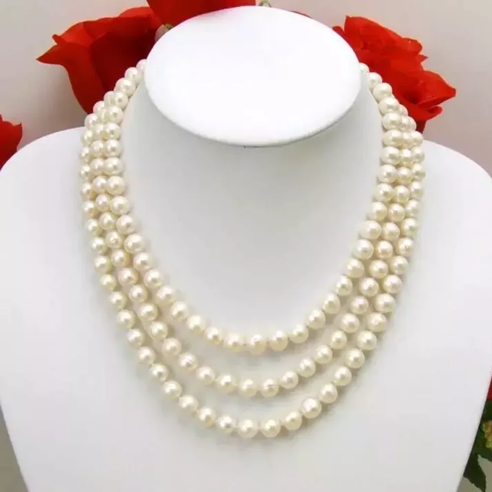 라운드 천연 일본 화이트 진주 목걸이, 3 열 AAA, 8-9mm, 925s, 17-18-19 인치