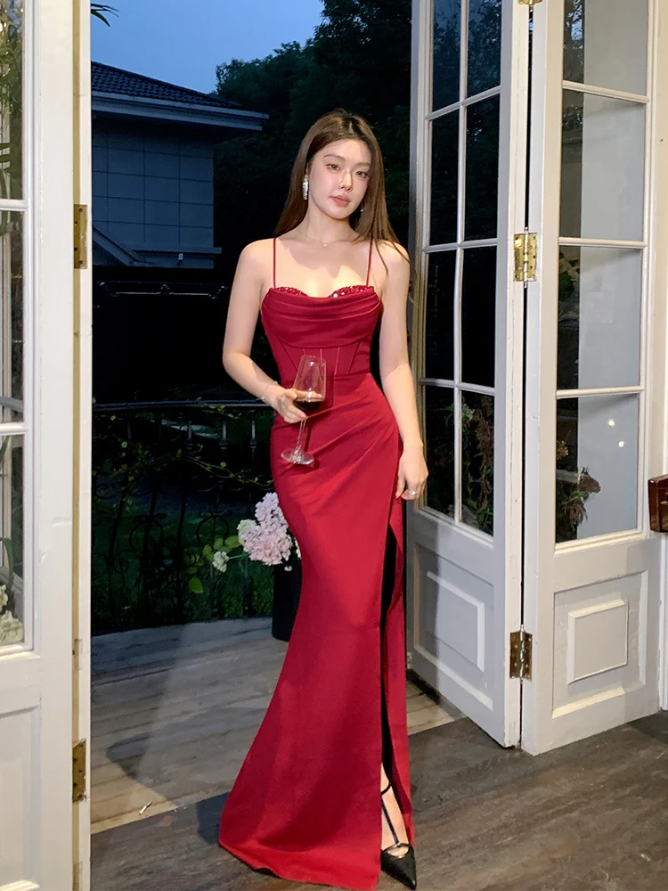 

DSP 7 Colors Sexy Mermaid Slit Prom Dresses for Woman Strap Evening Party Dresses with Beads