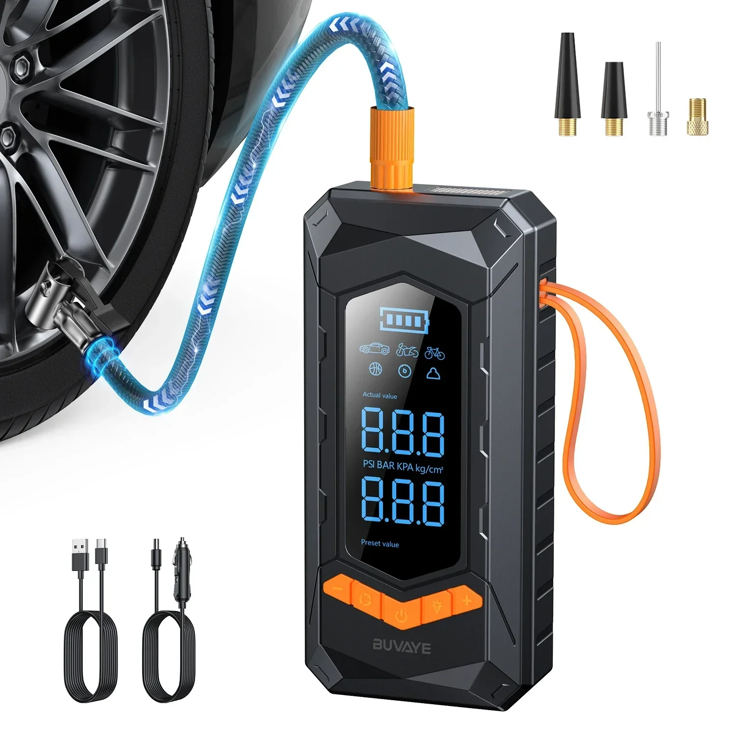 BUVAYE Wired/Wireless Air Pump Car Inflator Tire Pump Air Compressors & Inflators Portable Tire Inflator with 3M Power Cord