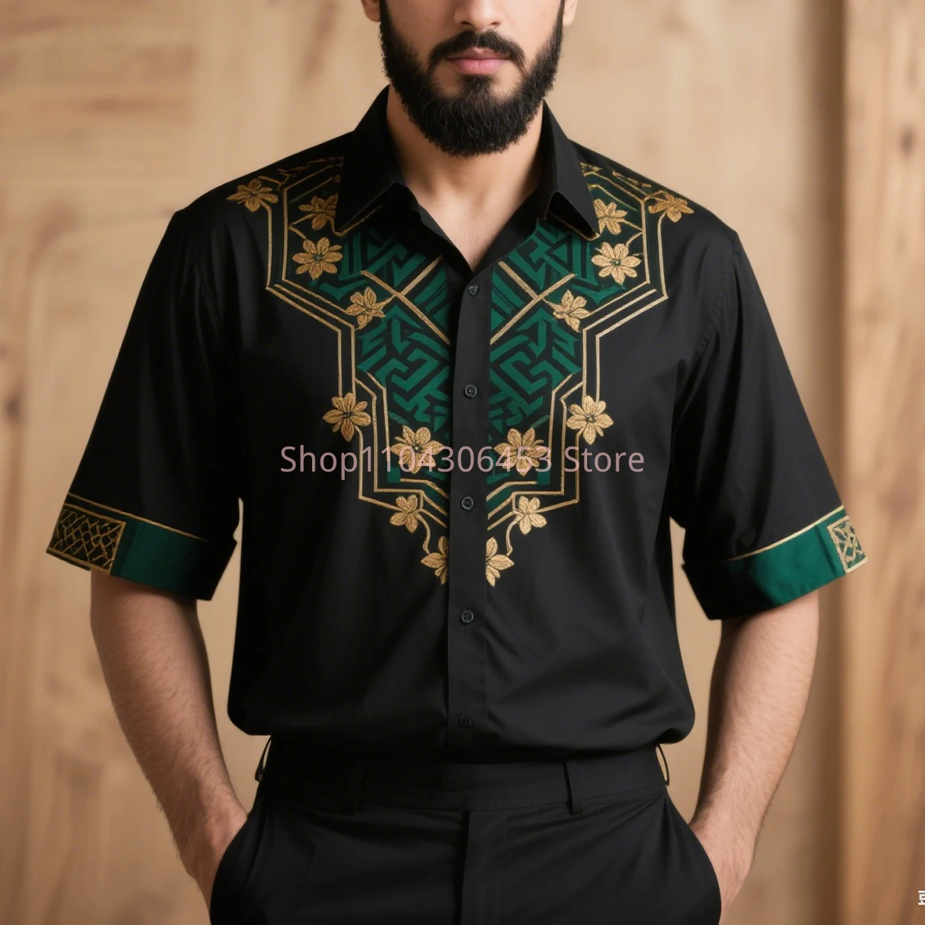 Men's Simple Retro Fashion Ethnic Style 3D Printed Short-sleeved Lapel Shirt Thin Breathable Light Color Business Casual Party