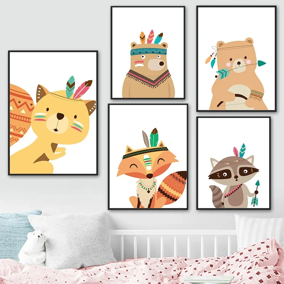 다람쥐 여우 곰 사자 너구리 화살표 깃털 벽 아트 캔버스 그림, 북유럽 포스터 및 인쇄 벽 그림, 어린이 방 장식
