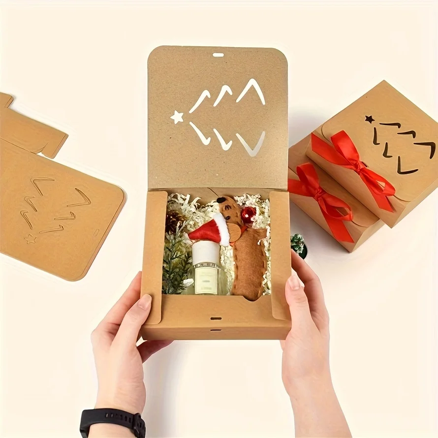 10pcs Christmas Kraft Gift Boxes with Red Satin Ribbon,Xmas Tree Star Cutout Paper Present Boxes,Holiday Treat Candy Cookie Gift