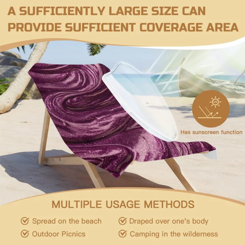 Towel Glitter Marble SwirlBeach Towel Pool Towel Print Deep Purple for women outdoor travel daily shower use