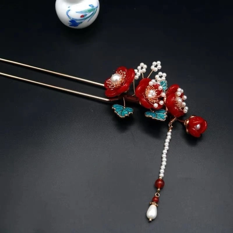 

1pc Red Plum Blossom Hairpin Headwear Bridal Toast Dress Han Wedding Accessories Han Dress Cheongsam New Year Hairpin