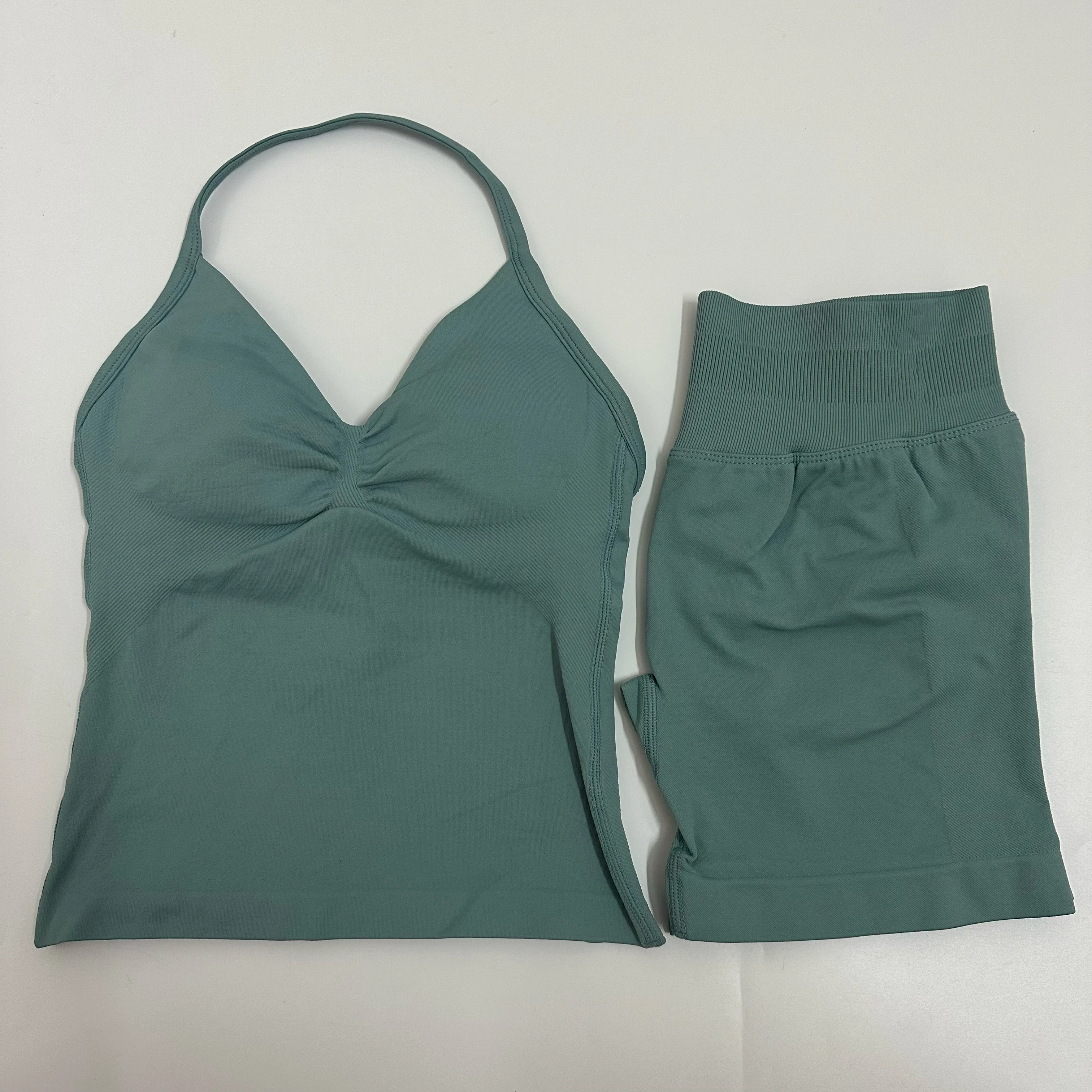 No Logo YogaGym Set Women Backless Tank Tops High Waist Scrunch Seamless Shorts Gym Suit Fitness Clothes Activewear Workout Sets image 5