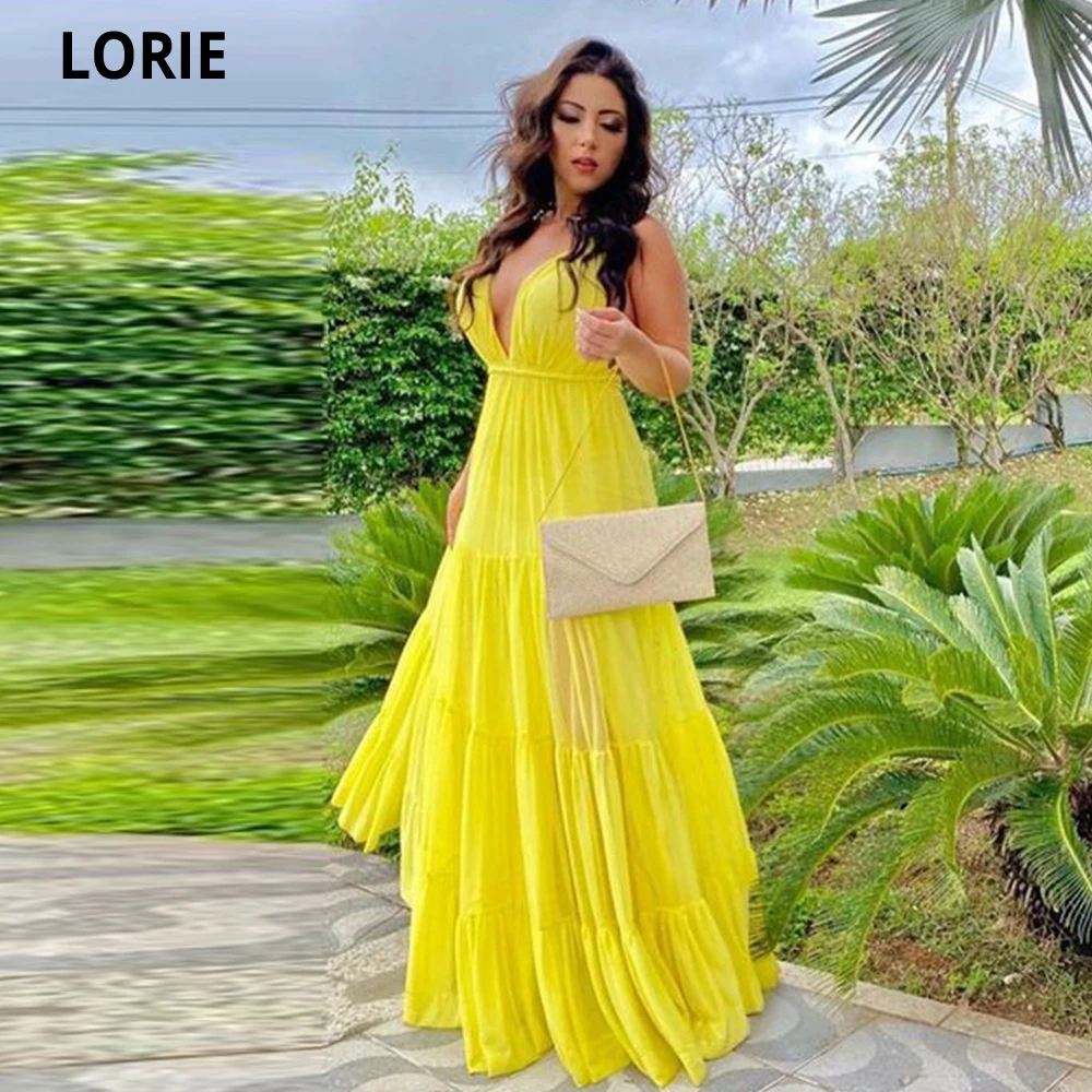 

LORIE Elegant Saudi Arabia Yellow Evening Dresses 2022 Dubai Ruched Chiffon Formal Prom Party Celebrity Gowns Robes De Soirée