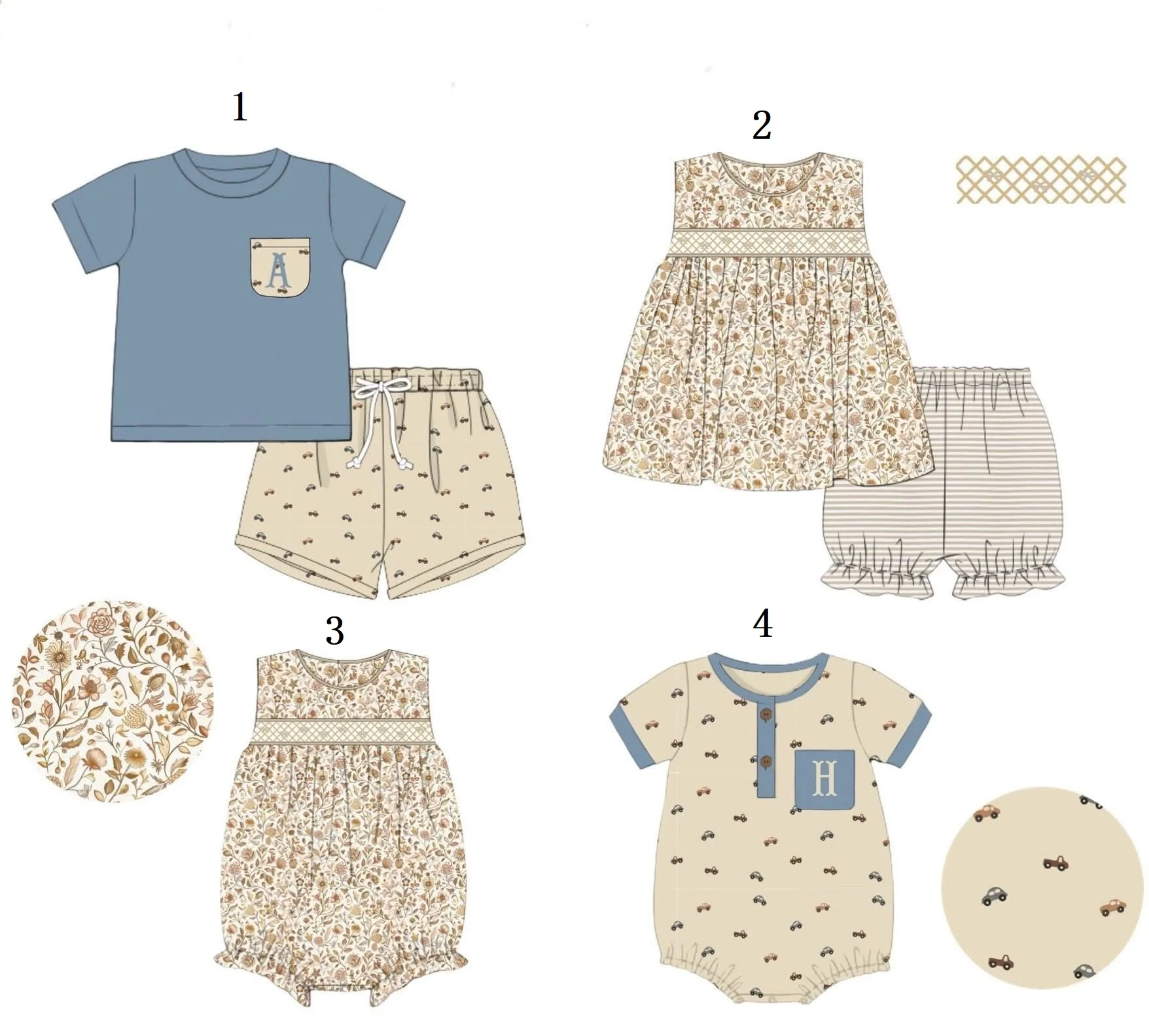 

Wholesale children clothes boy blue car girl flower print two piece girl dress Sibling suit Infant romper