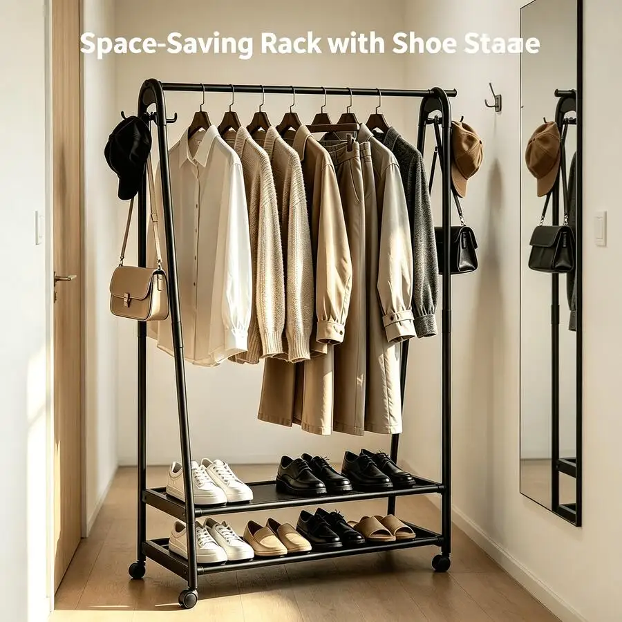 Rolling Garment Rack, Freestanding Black Clothes Organizer With Wheels, 2-Tier Shoe Shelves & Side Hooks, Storage Rack For Dress
