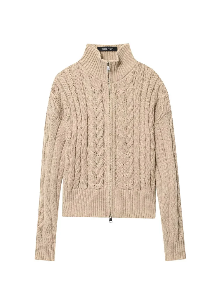 HH 2025 cárdigan de punto trenzado con cremallera informal de otoño para mujer, suéter de manga larga Vintage de 2 colores a la moda