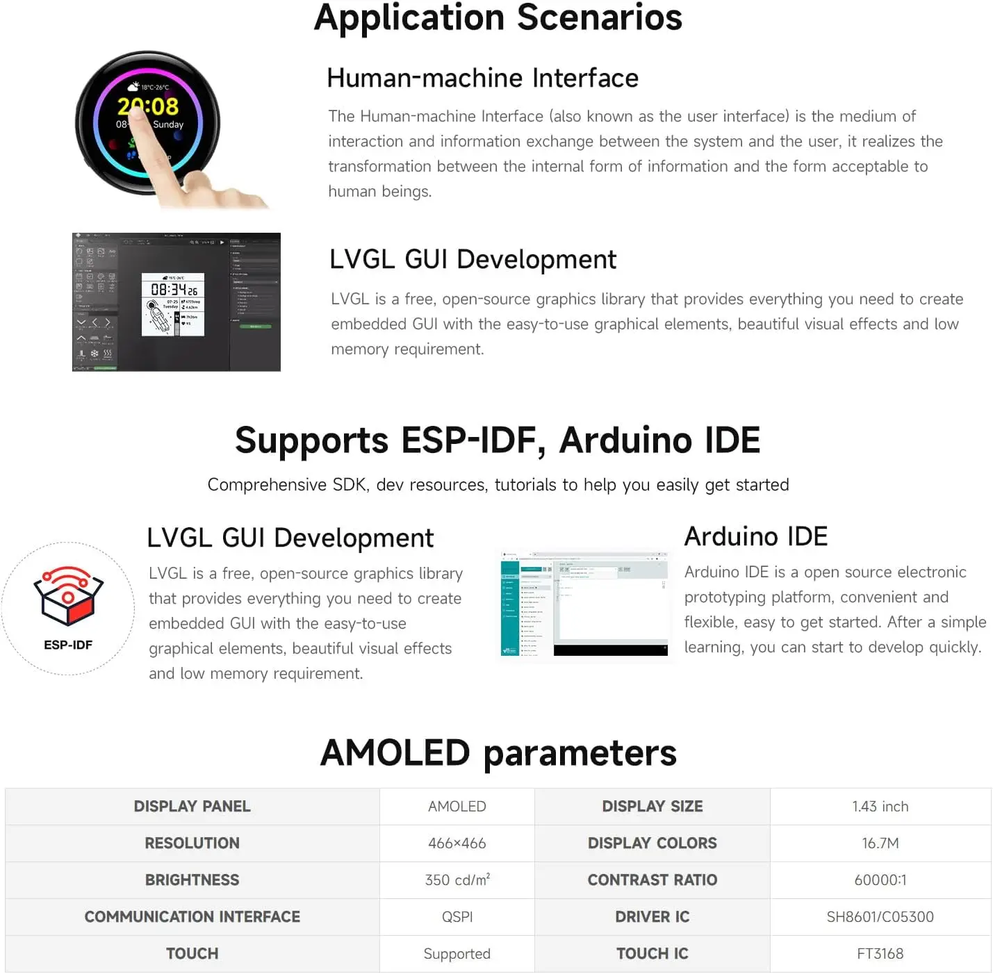 1.43inch AMOLED Touchscreen Development Board ESP32-S3 466x466 Round Display ESP32 Display HMI LVGL GUI Development