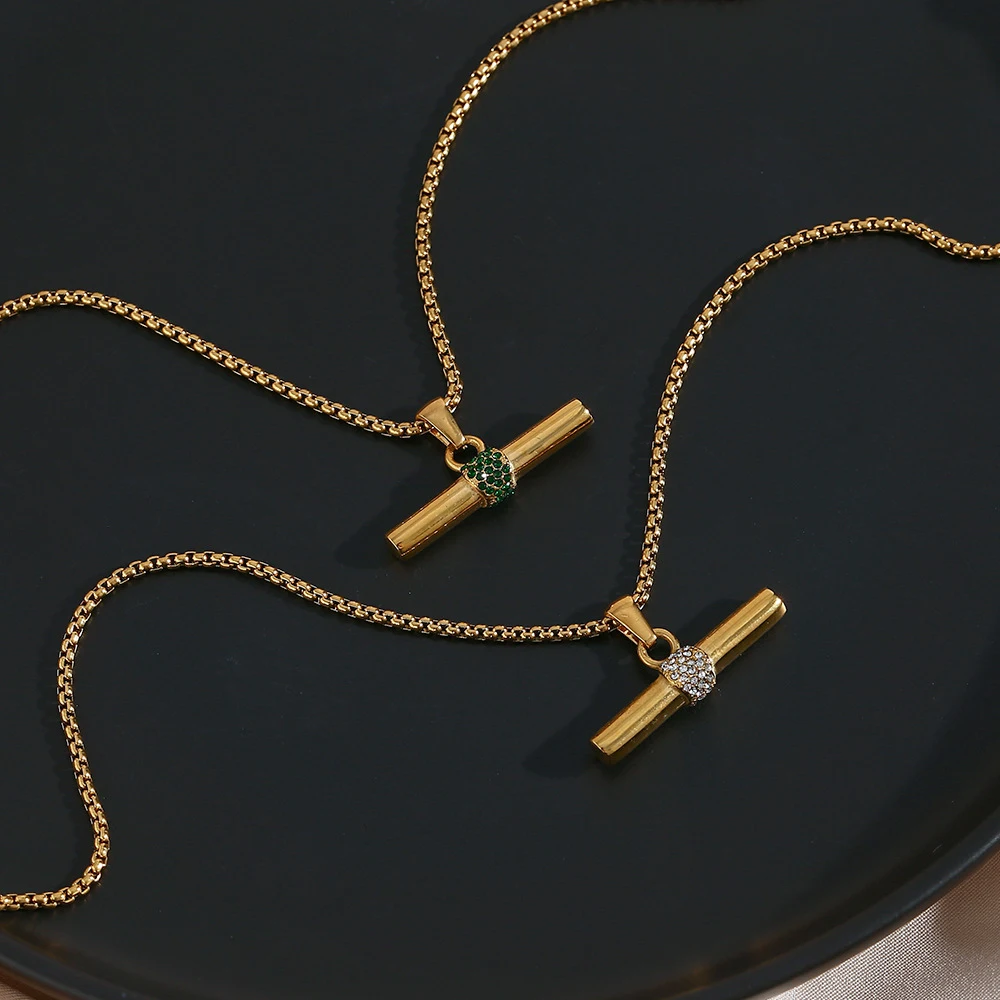 MamacitaSlay Bohemian 316L Stainless Steel CZ Pendant T Bar Necklace 18K Gold Plated Waterproof Minimalist Jewelry For Women Men