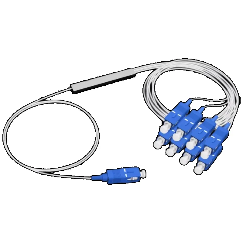 Steel Tube 1x8 Single Mode Fiber Optic Splitter 0.9mm 1m Dual Ended SC UPC Connector For FTTH On-Site Cable Connection