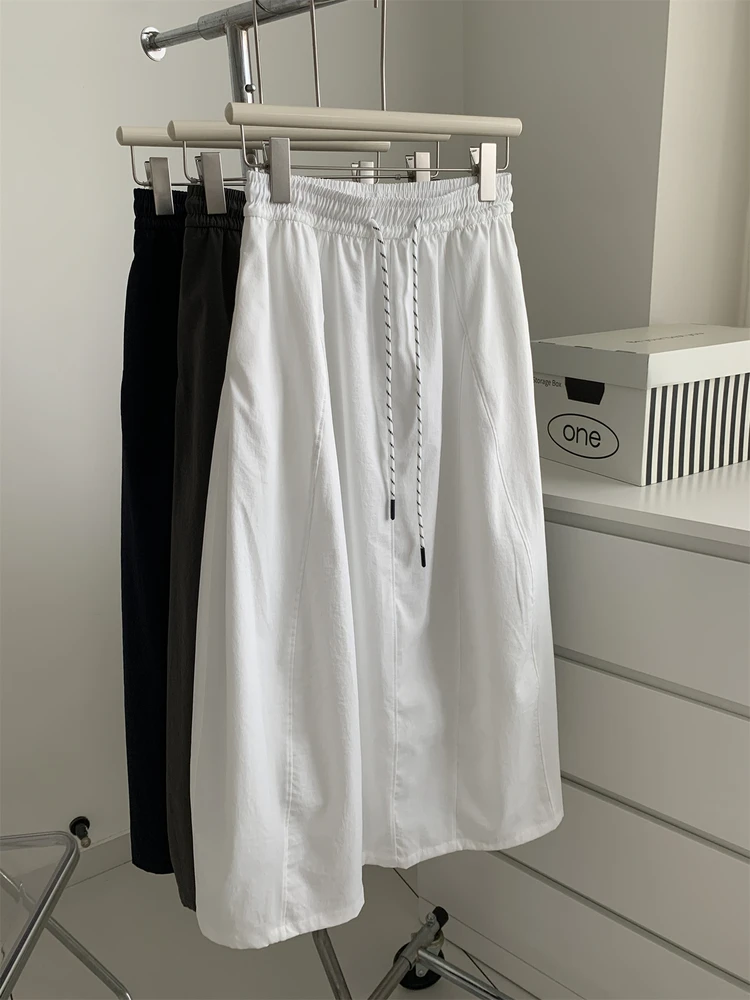 

Summer Thin Casual Cargo Skirt For Women Drawstring Elastic Waist Patchwork Mid-length Skirt Simple Vintage Solid Skirts