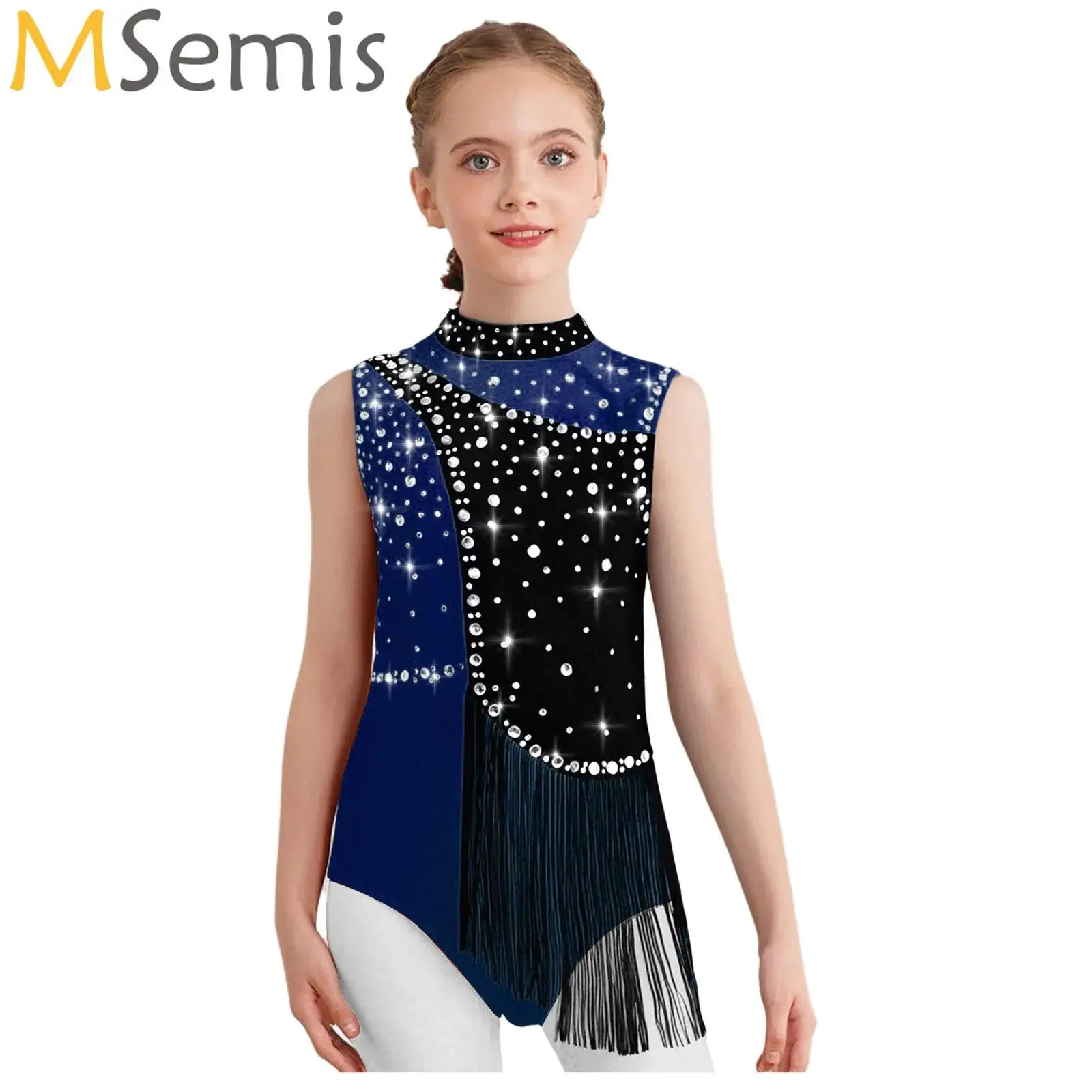 

Kids Girls Gymnastics Tassels Leotard Ballet Skirted Unitard Sleeveless Rhinestones Bodysuit Figure Skating Performance Clothes