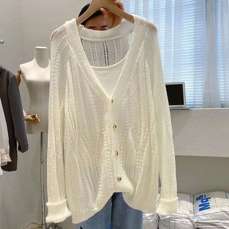 Summer Knitted Cardigan Lazy Hollow Soild Color Long-sleeved V-neck College Style All Match Lazy Beach Top Clothing