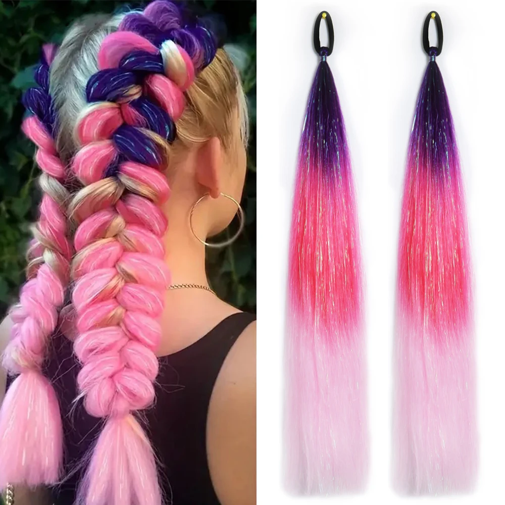 26inch Ombre Hair Extensions With Hair Tinsel Synthetic Braided Colorful Ponytail DIY Jumbo Ponytail Hair daily Holidays Wear