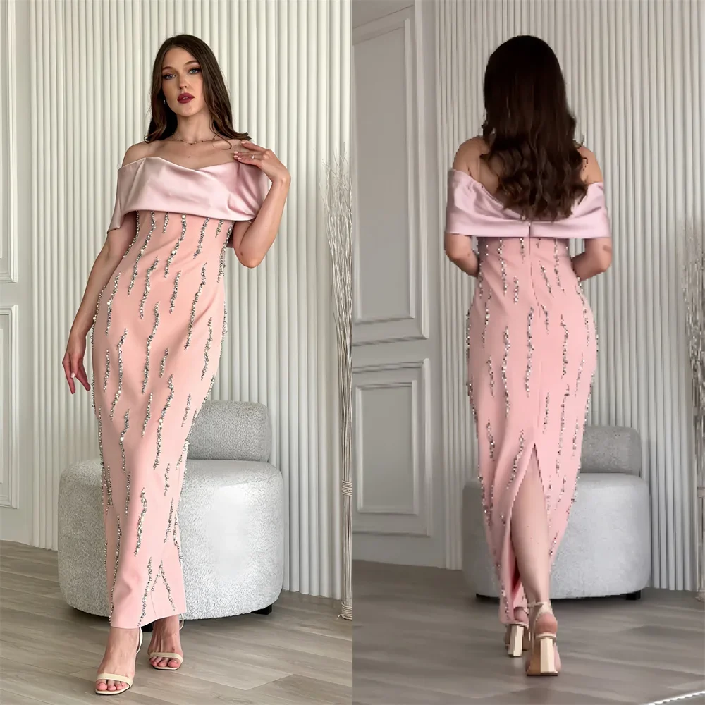 Customized Saudi Arabia Prom Dress Dearin Off-the-shoulder Column Ankle Length Skirts Open Back Layered Vertically Bead Bespoke