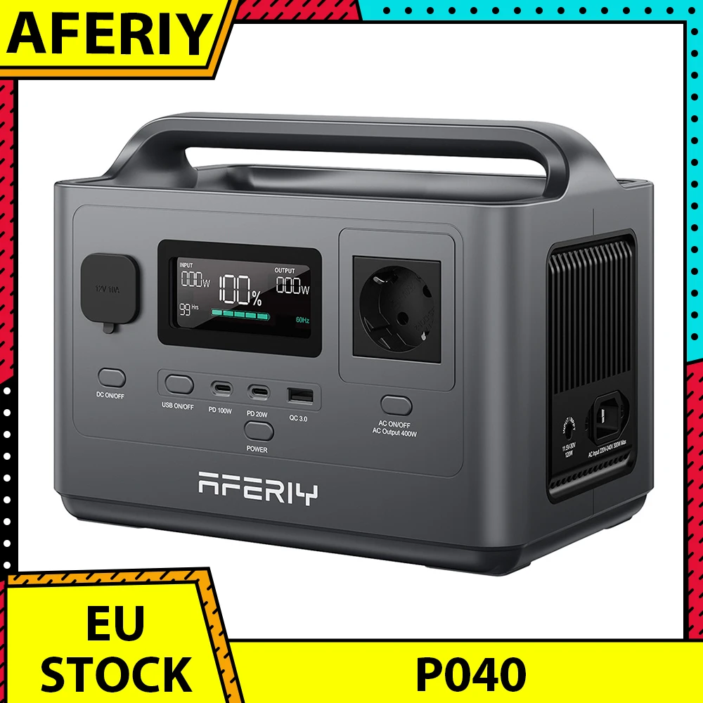 Estación de Energía Portátil AFERIY P040, Generador para Exteriores de 400W 256Wh, 5 Salidas, Carga Completa en 1.2H, Batería LiFePO₄ con Más de 3500 Ciclos