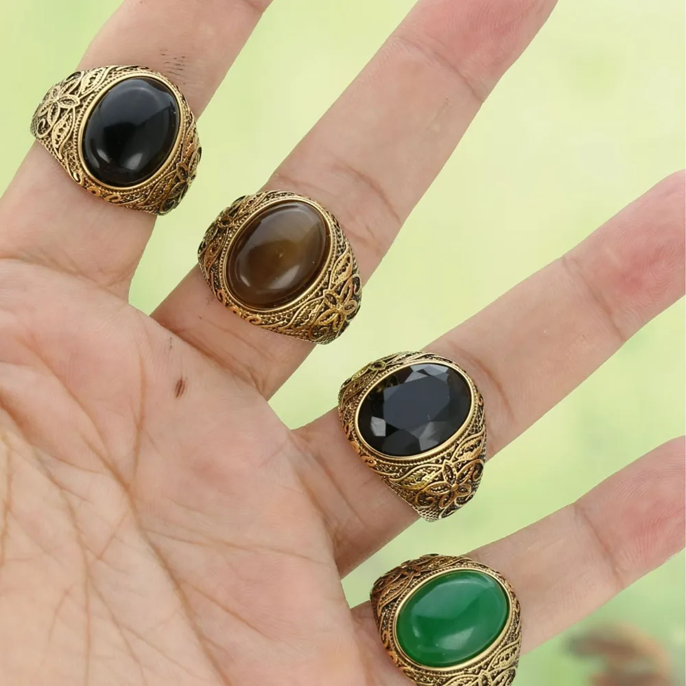 Natural Jade Agate Gemstones Vintage Pattern Carved Rings for Men14K Gold Filled Stainless Steel Masculine Finger Bands Dubai 6