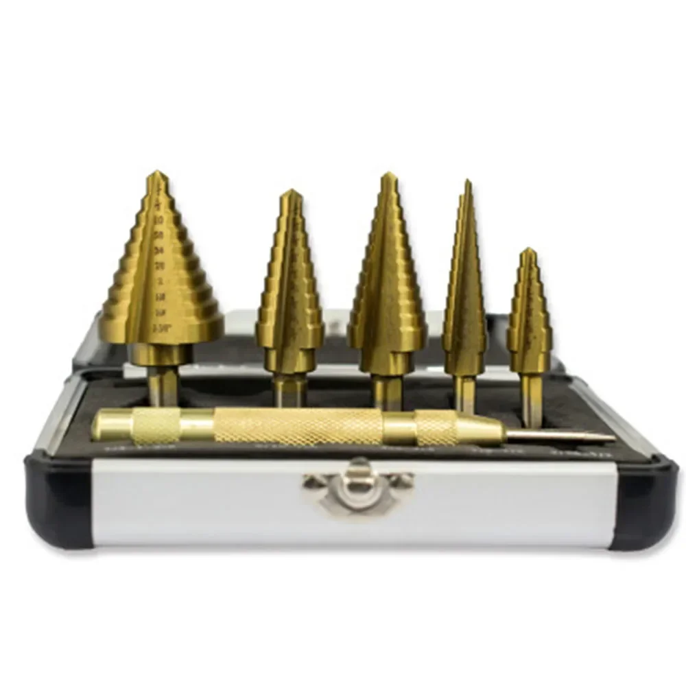 

130mm Center Punch 6pcs Titanuim Wood Matel Drill Bit Pagoda Shape Step Set Hole Cutter Core