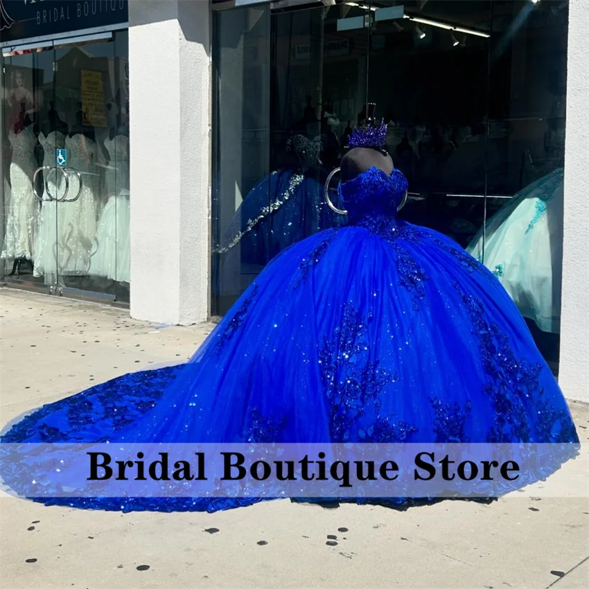 Luxury King Blue Appliques Quinceanera Dress Beads Lace Flowers Court Train Ball Gown Pageant Sweet 15 Party Vestido Customized