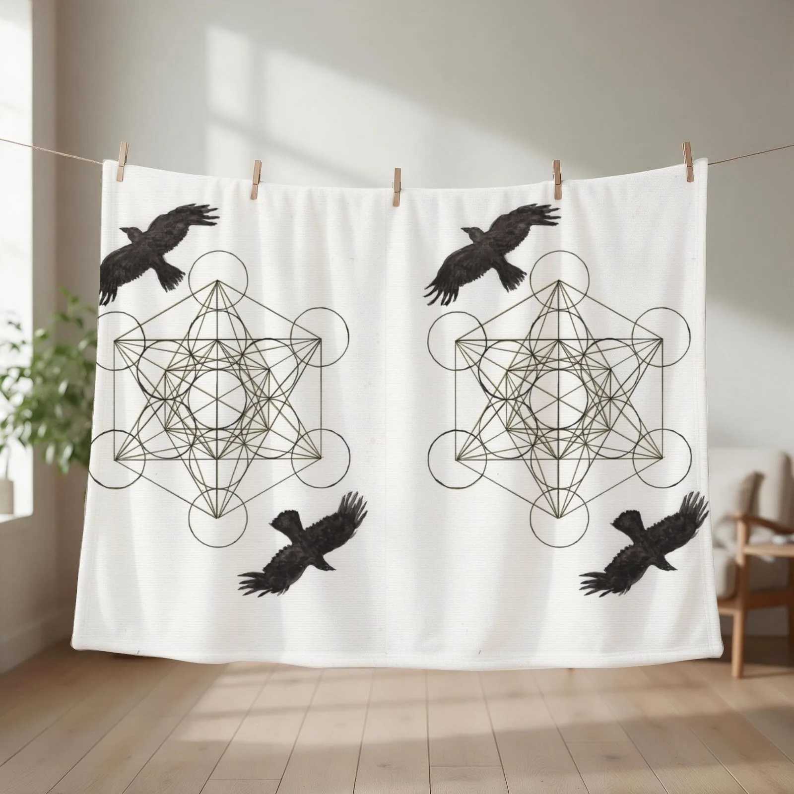 Crow/Raven & Metatron's Cube/ Seed of Life Throw Blanket couch cozy soft plush fuzzy picnic outdoor blanket
